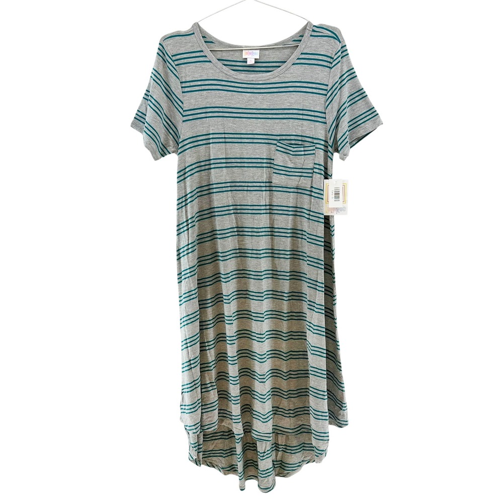 LULAROE Carly Striped Jersey Shirt Midi Dress NWT • Small • gray blue lagenlook